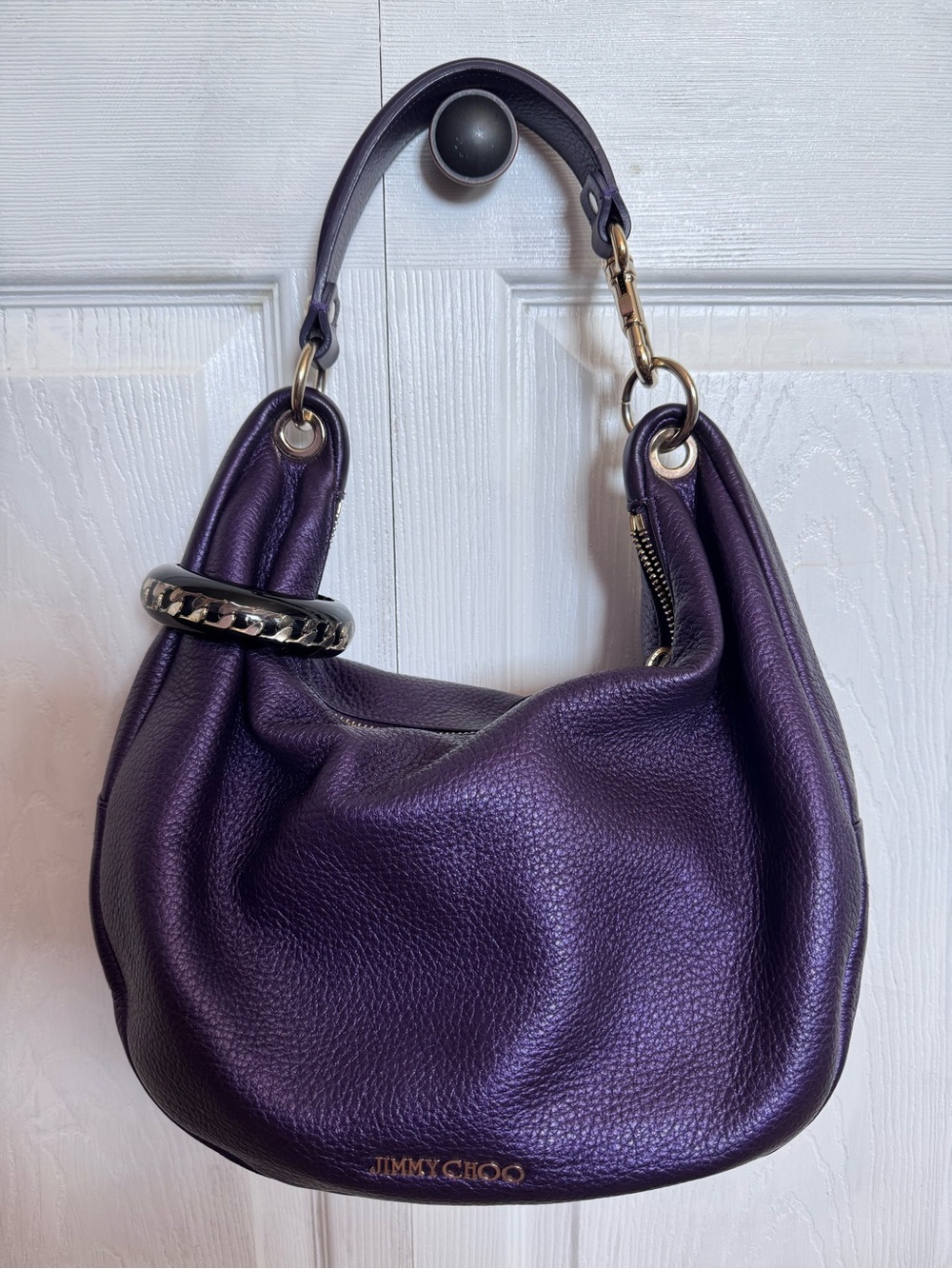 Jimmy Choo Deep Purple Solar Metallic Pebbled Leather Hobo Bag